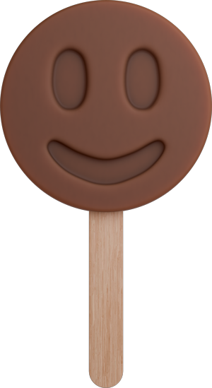 Chocolate-colored smiley-face frozen dessert on a wooden stick
