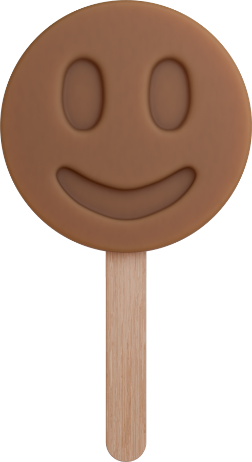 Light brown colored smiley-face frozen dessert on a wooden stick