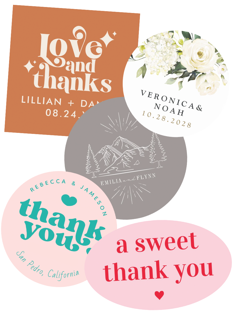 Assorted thank-you and wedding stickers used for custom popsicle bags for events