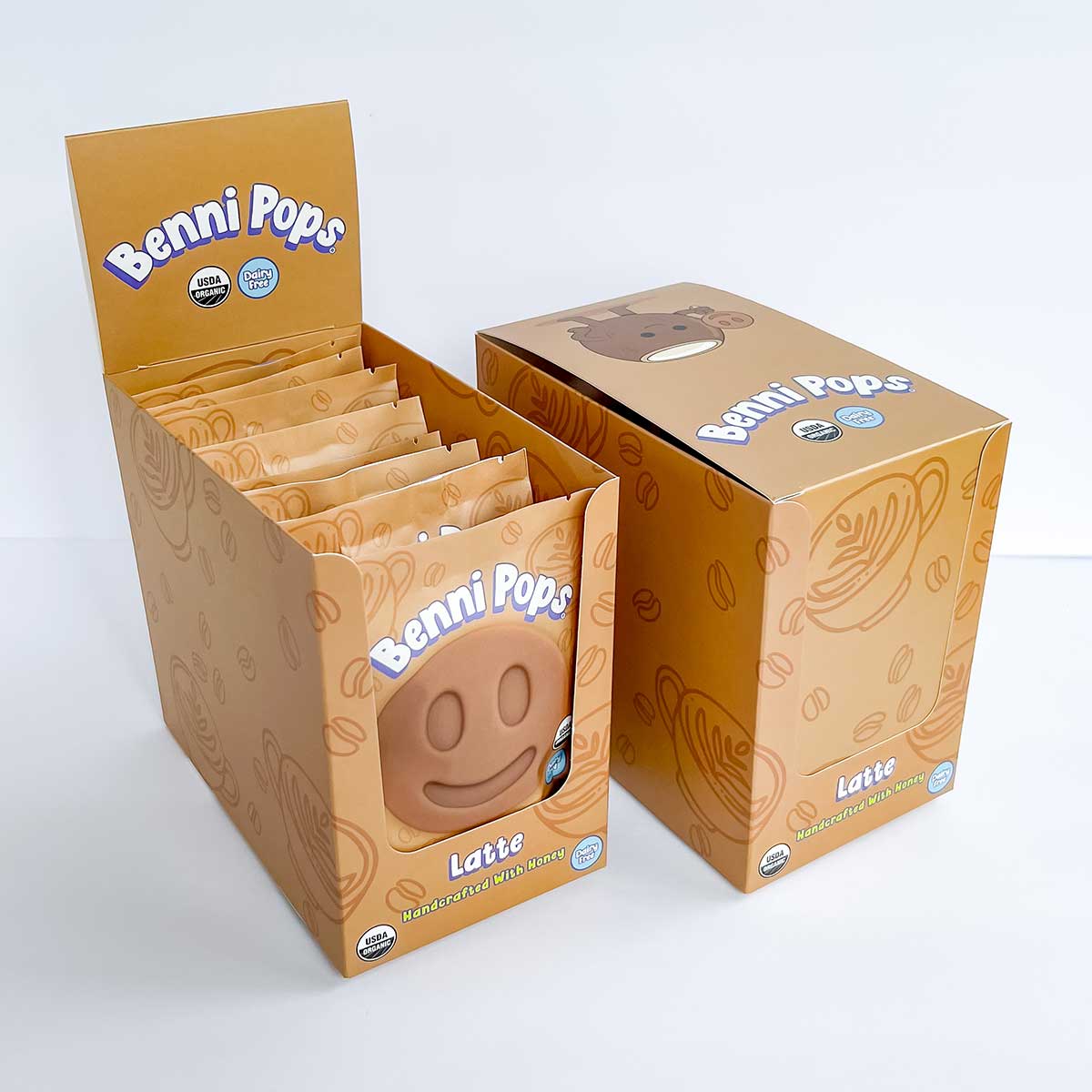 Benni Pops Latte is an organic, dairy-free coffee frozen dessert made with honey for a creamy, better-for-you treat. The image shows the Latte flavor in Benni Pops branded retail packaging with a matching freezer-ready case box.