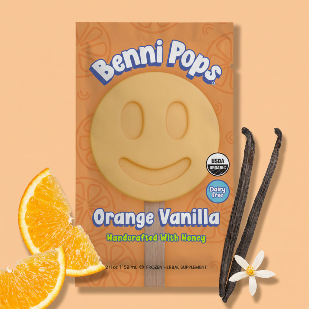 Benni Pops Fudge frozen dessert in compostable packaging, featuring a chocolate smiley-face treat handcrafted with honey and rich cocoa, dairy-free and USDA organic
