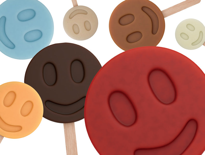 Illustrated Benni Pops smiley-face frozen desserts in multiple colors, showcasing playful brand design