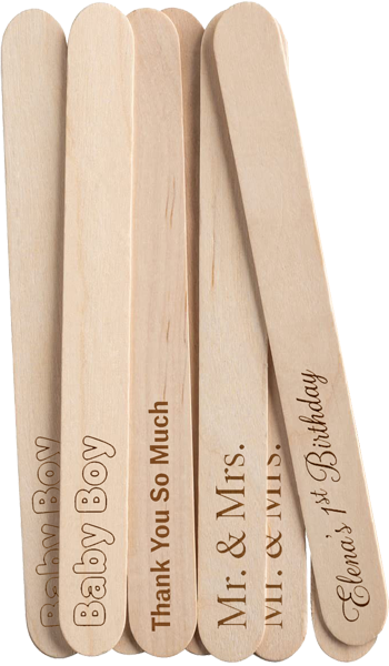 Custom engraved wooden sticks used for frozen desserts